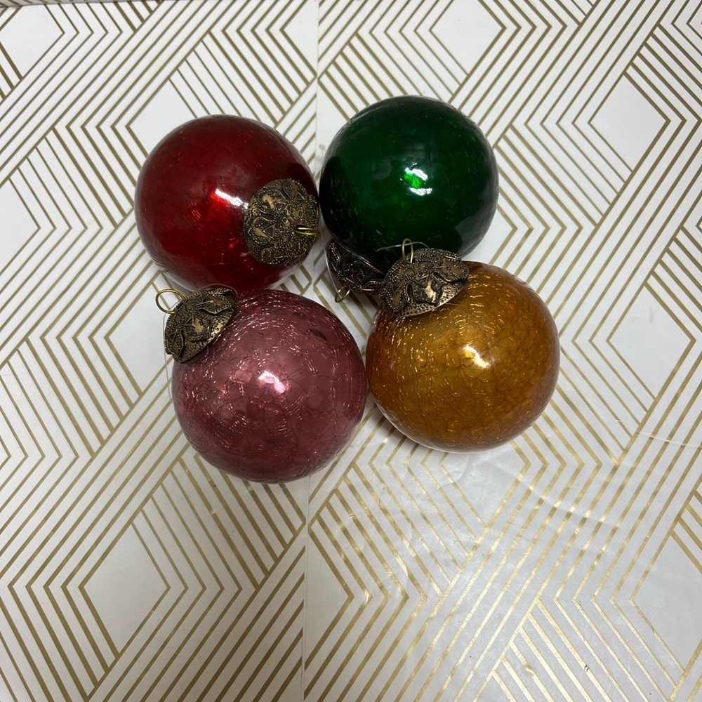 Vintage Kugel Style Crackle Glass Ornaments Set of 4
